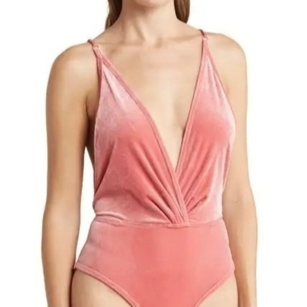 Wishlist Size L NEW Rose Pink Plunge V-Neck Strappy Velour Bodysuit